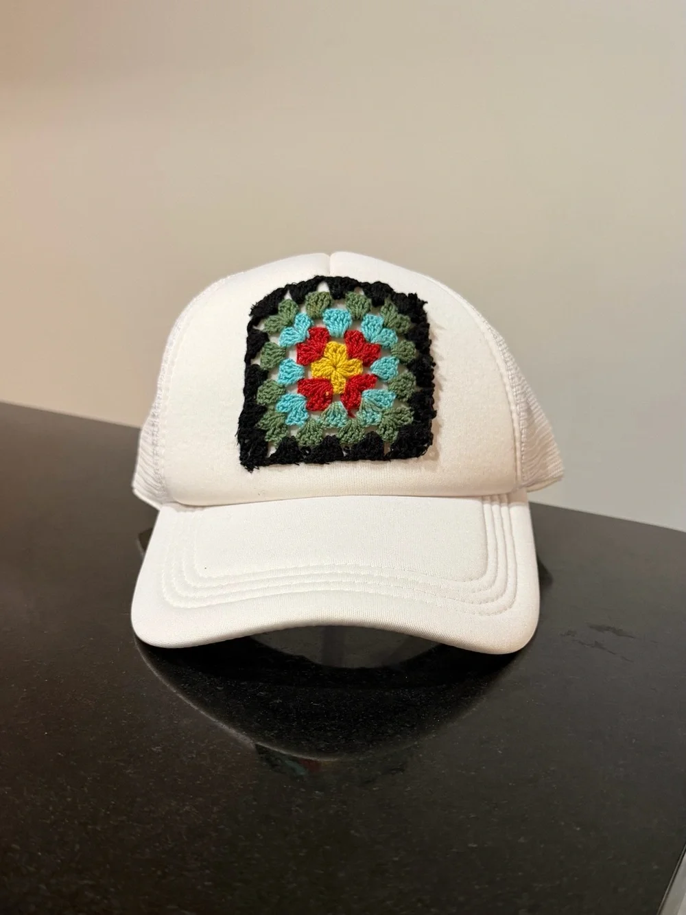 White Trucker Hat with Crochet Granny Square Patch